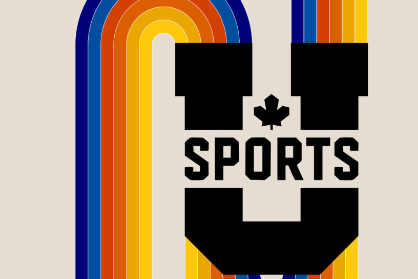 Image of the U Sports logo along a path of blue, light blue, orange, tangerine, gold, and yellow stripes on a beige background.