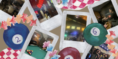 A collage featuring pool balls several polaroid images of scenes at the Imperial Pub. The photo frames are illustrated as well as other objects in the composition.