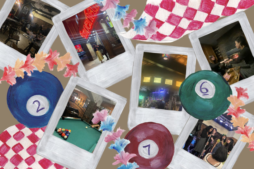 A collage featuring pool balls several polaroid images of scenes at the Imperial Pub. The photo frames are illustrated as well as other objects in the composition.