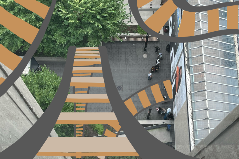 Illustration of rollercoaster tracks going around a birds eye view image of TMU campus.