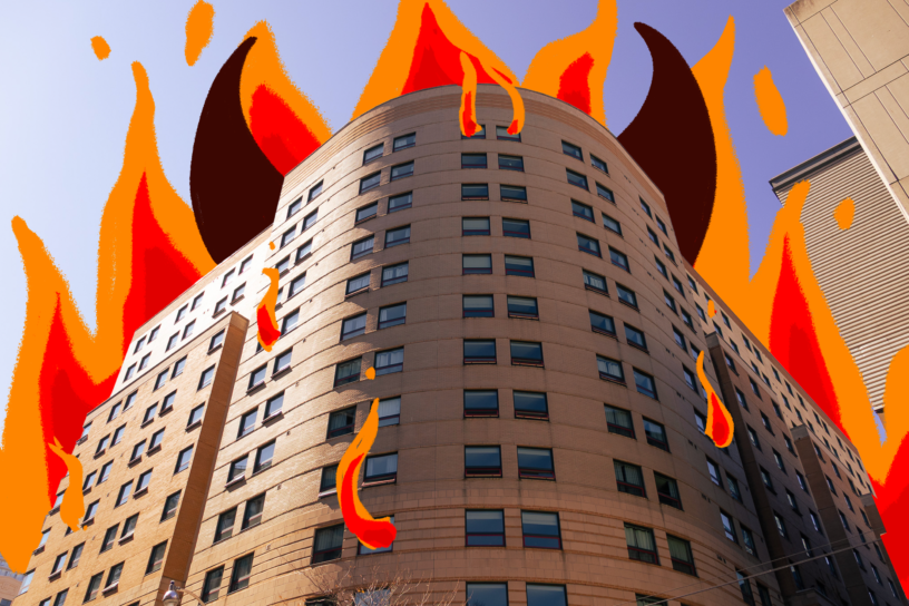 Picture of pitman hall with illustrations of brown devil horns coming out of the sides, and red and orange flames coming out of the roof and the windows.