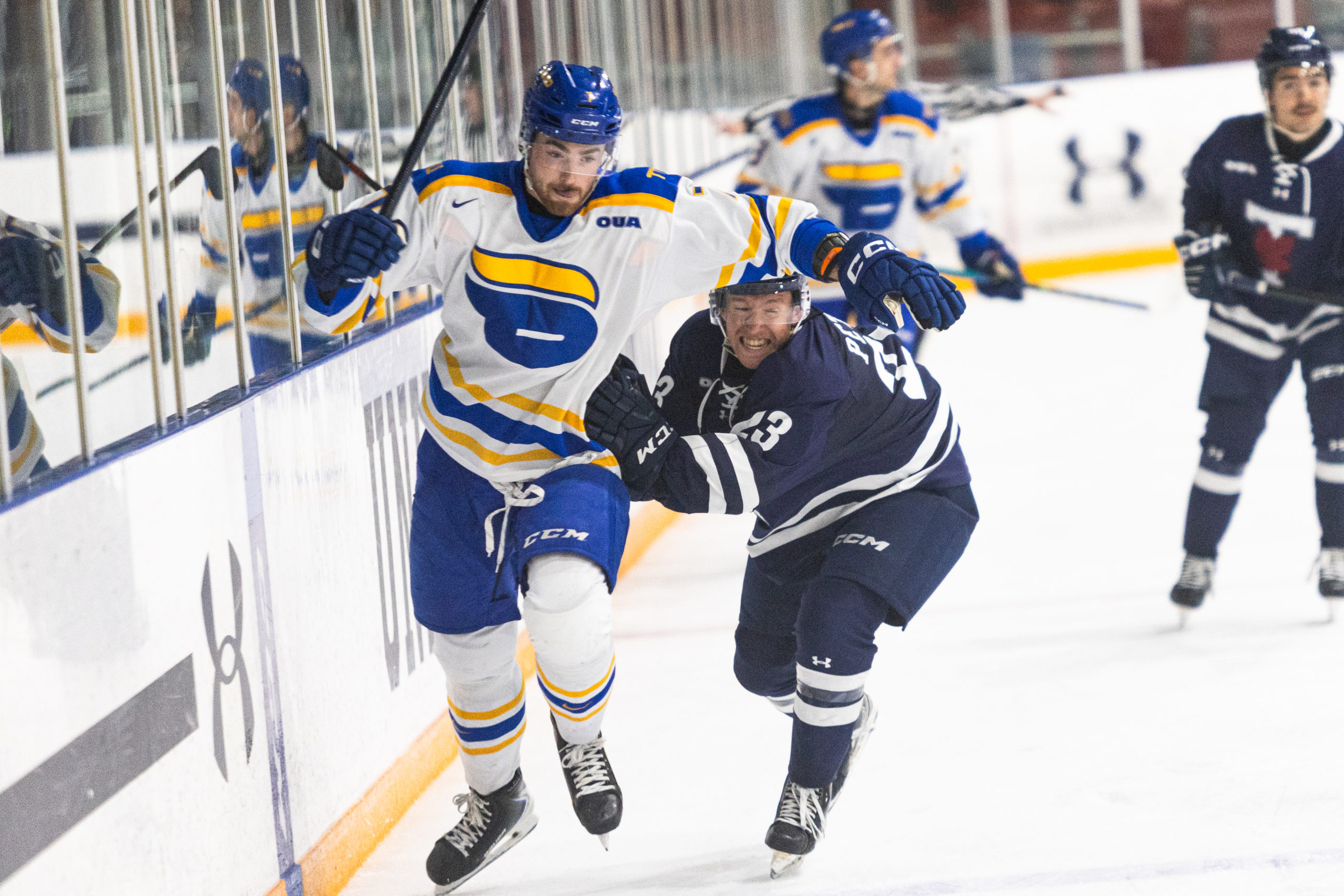 A U of T player reaches to push a TMU player into the boards