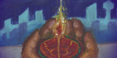 Illustration of someone holding a Diya with a blue background of Toronto's skyline.