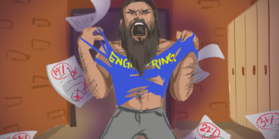 Illustration of a werewolf in a hallway lined with lockers tearing off a blue and yellow shirt that reads "engineering".
