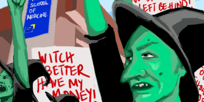 Illustration of witches outside a building with their arms raised, holding signs with bold red lettering.