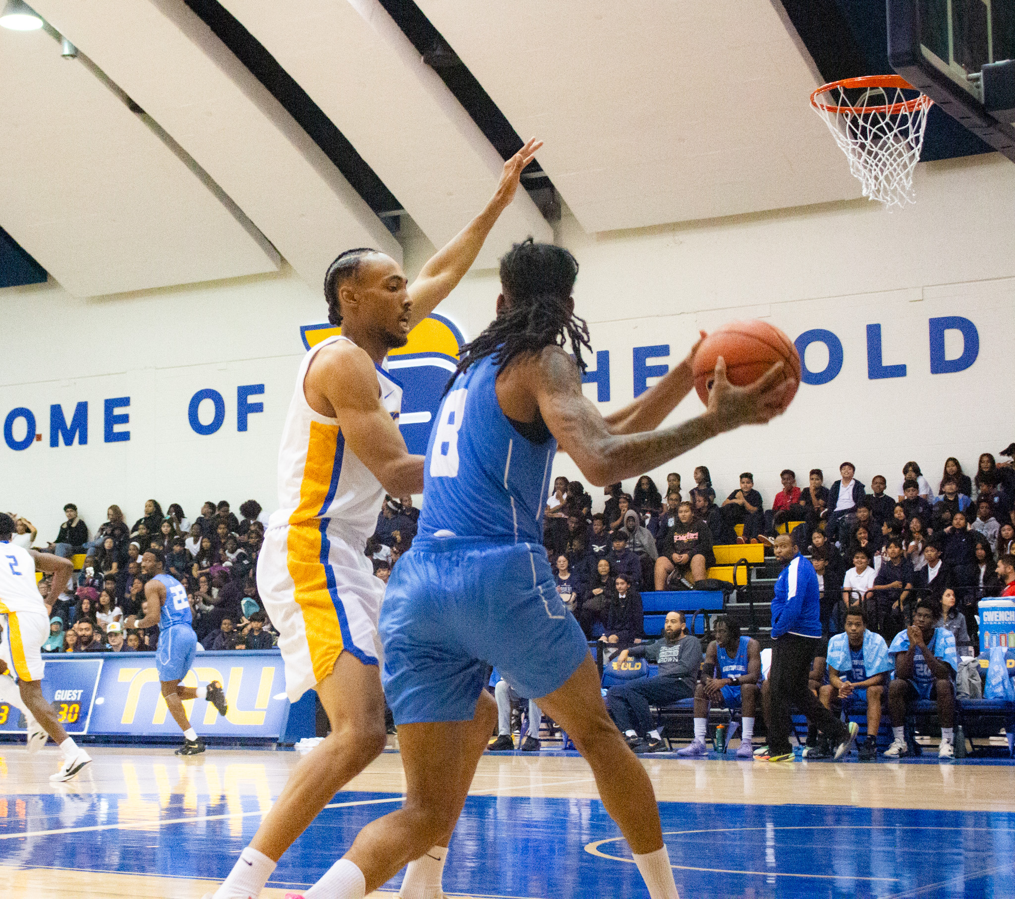 A TMU player tries to block a pass