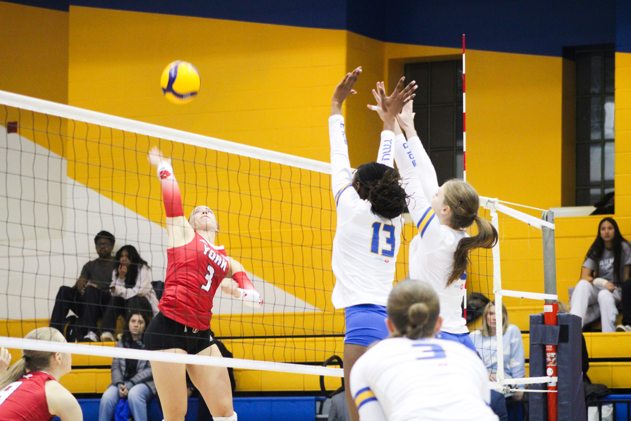 Two TMU players going up for a block against a York hitter