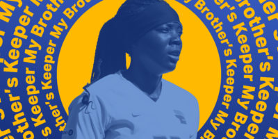 Image of a person in front of a yellow background surrounded by a blue circle with yellow text wrapped around it.