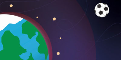 Illustration of the earth floating in space with a soccer ball to the upper right of the frame. The soccer ball has a blue flag on it with a "B".