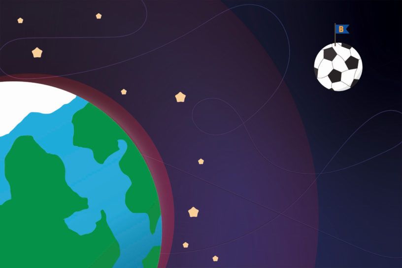 Illustration of the earth floating in space with a soccer ball to the upper right of the frame. The soccer ball has a blue flag on it with a "B".