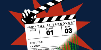 Image of a slate which is transitioning into green codes, on a blue and red background.