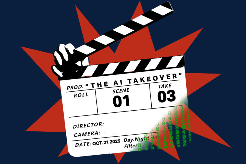 Image of a slate which is transitioning into green codes, on a blue and red background.