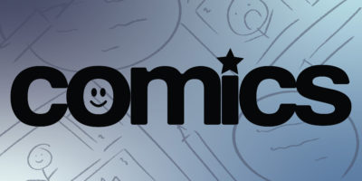 Sketches of storyboards, stick people and speech bubbles on a blue background with the word "comics" centred in a bold font.