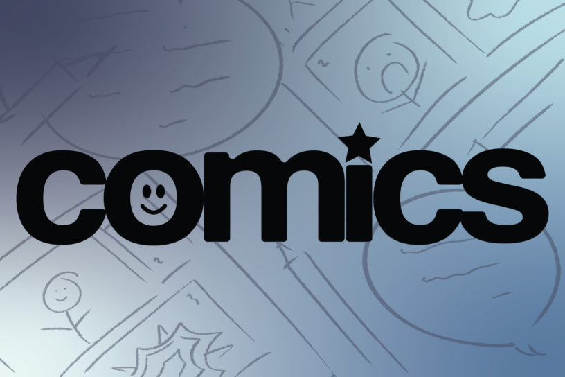Sketches of storyboards, stick people and speech bubbles on a blue background with the word "comics" centred in a bold font.