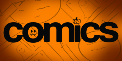 Sketches of storyboards, ghosts and speech bubbles on a blue orange background with the word "comics" centred in a bold font.