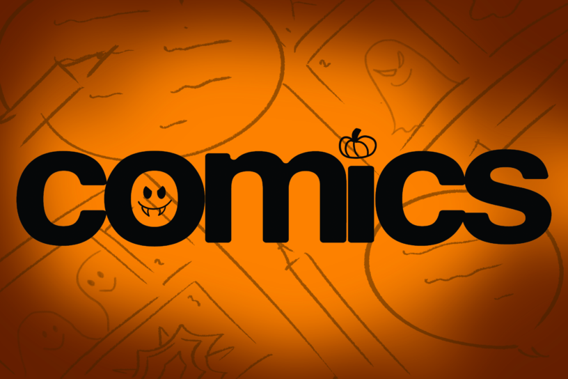 Sketches of storyboards, ghosts and speech bubbles on a blue orange background with the word "comics" centred in a bold font.