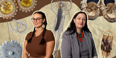 Collage of two people looking straight in front of a brown and tan illustrated background. There is jewelry, dream catchers and a pair of moccasins surrounding them.