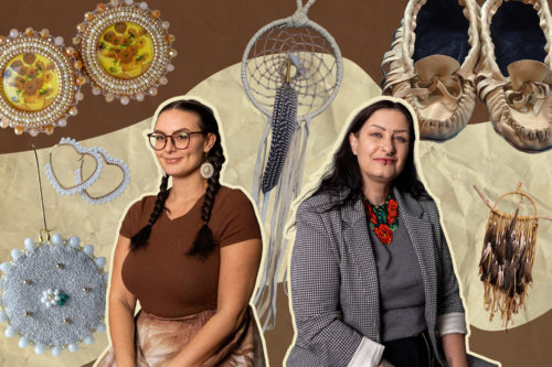 Collage of two people looking straight in front of a brown and tan illustrated background. There is jewelry, dream catchers and a pair of moccasins surrounding them.