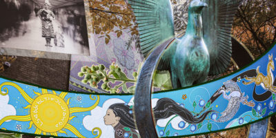 Photo collage including five art pieces and two tobacco plants.