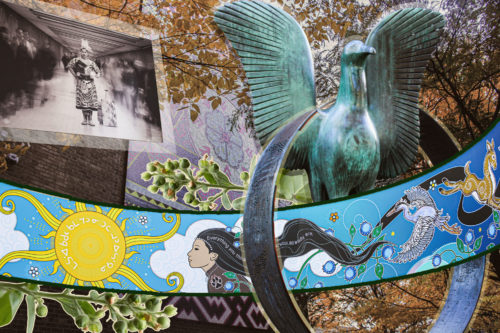 Photo collage including five art pieces and two tobacco plants.