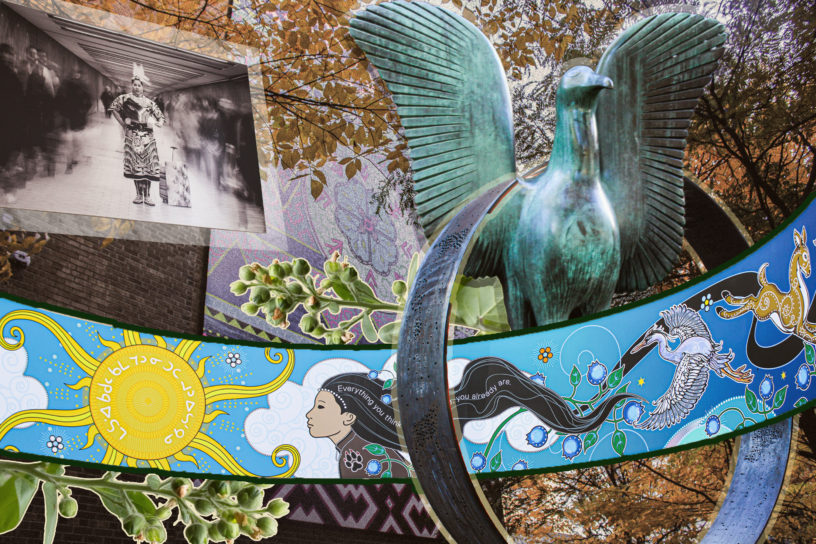 Photo collage including five art pieces and two tobacco plants.