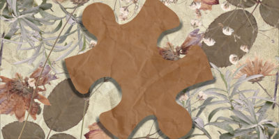 Collage of pressed flowers and leaves with a cutout of a brown puzzle piece in the middle of the frame.