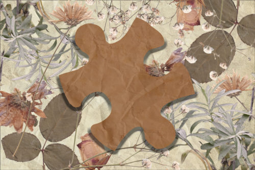Collage of pressed flowers and leaves with a cutout of a brown puzzle piece in the middle of the frame.
