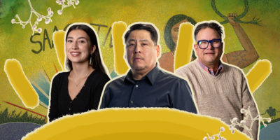 Collage of three people looking straight with an illustration of the sun in front of them and a mural behind them. There are two pressed flowers places on the top left and bottom right of the image.