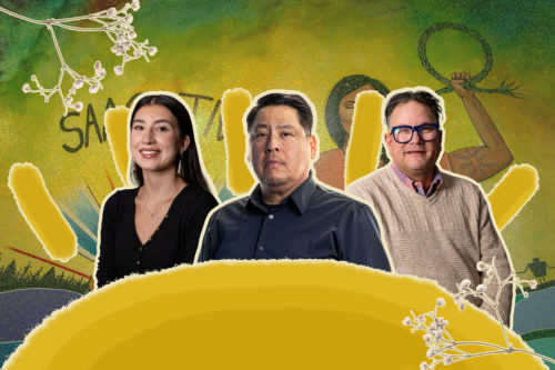 Collage of three people looking straight with an illustration of the sun in front of them and a mural behind them. There are two pressed flowers places on the top left and bottom right of the image.