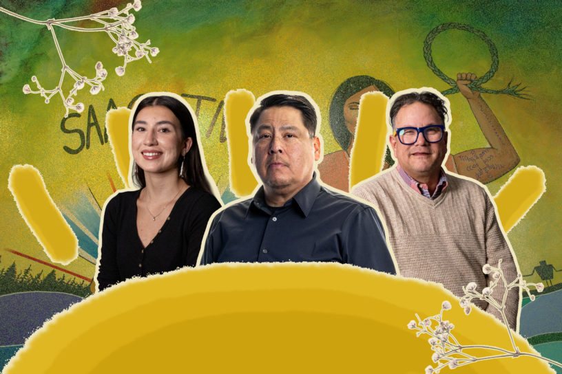 Collage of three people looking straight with an illustration of the sun in front of them and a mural behind them. There are two pressed flowers places on the top left and bottom right of the image.