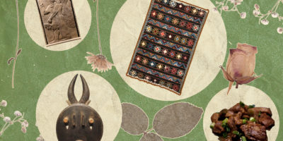 Collage of four items on top of cream circles on a green background. There are pressed plants surrounding the items.