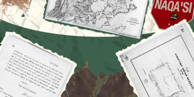 Collage of different documents scattered in the frame on a green background along with a stop sign on the top right side and a pressed flower on the top left side.