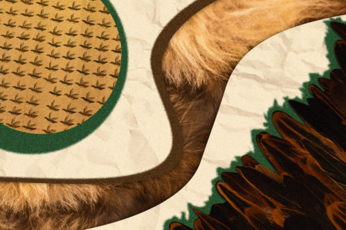 Collage of different textiles cut out around a crumpled piece of paper.