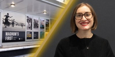 Photo composite of a headshot of a person with short blond hair wearing a black top on the right and an image of the entrance of the Image Centre.