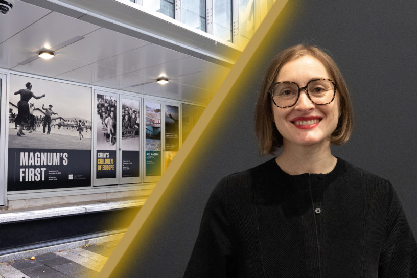 Photo composite of a headshot of a person with short blond hair wearing a black top on the right and an image of the entrance of the Image Centre.