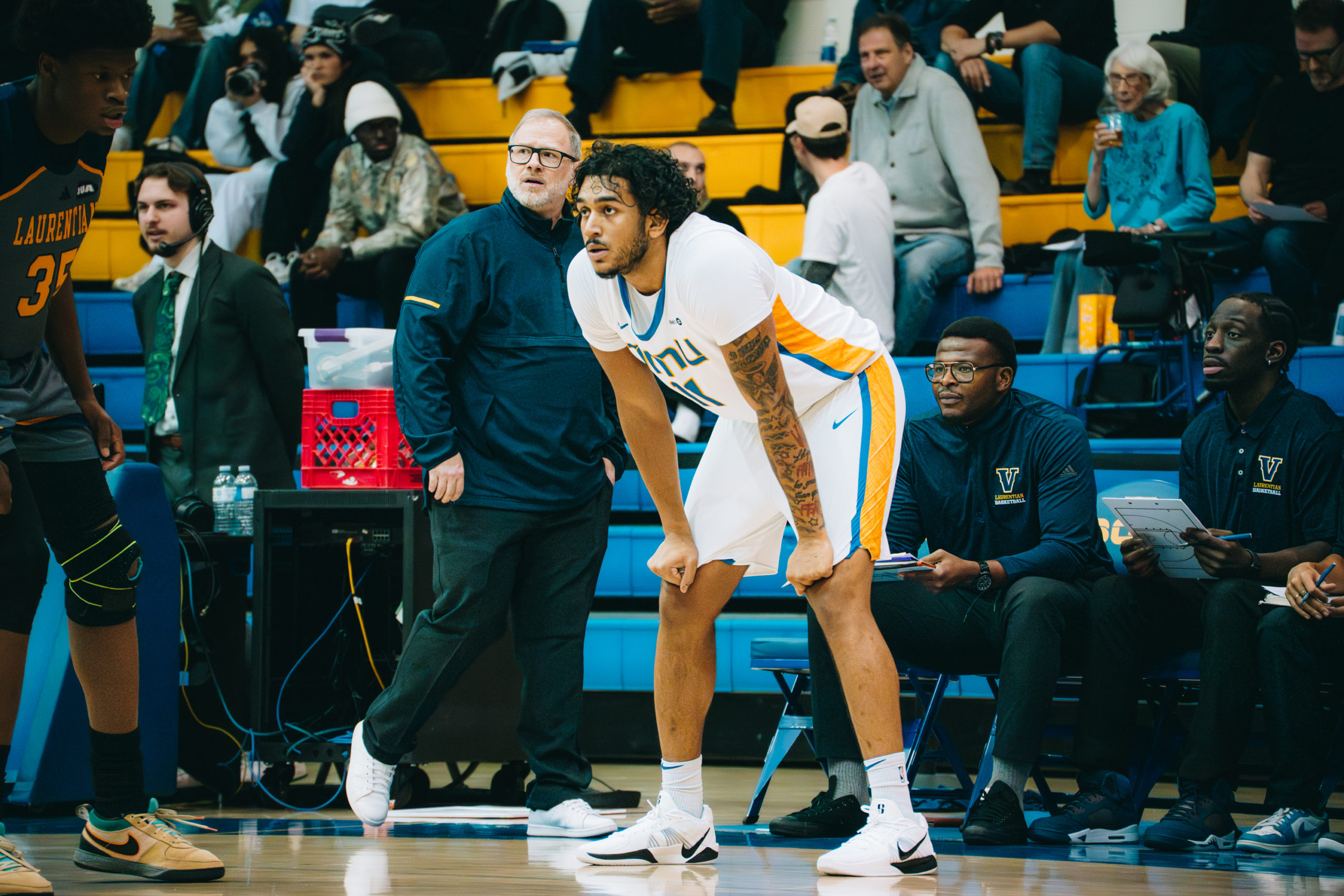 A TMU player looks at the court in front of him