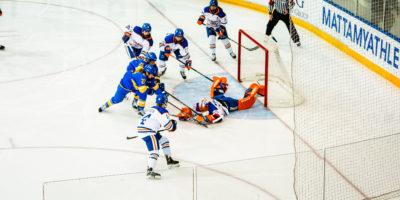 Ontario Tech's goaltender dives to make a save