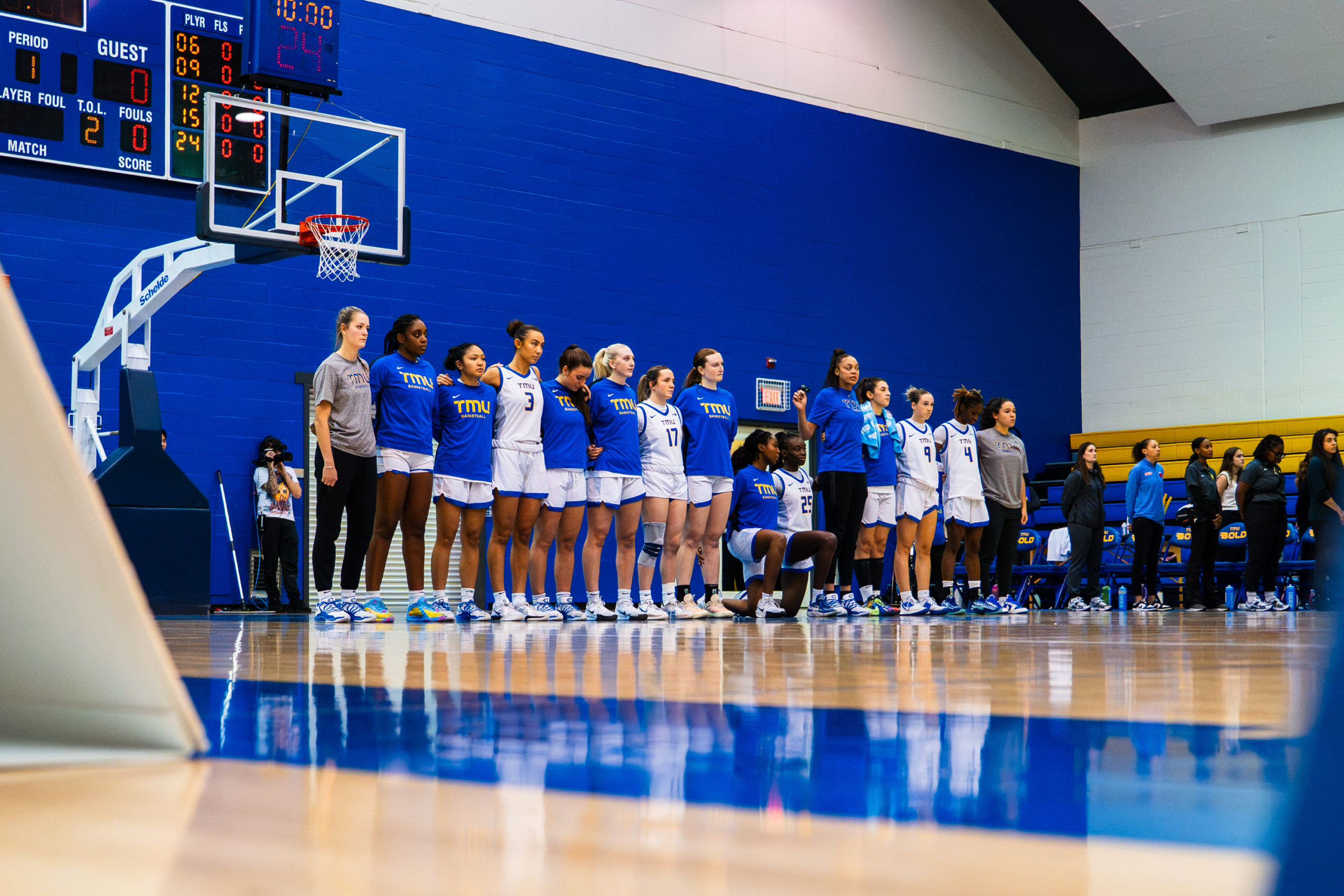 TMU Bold women's team lining up for the national anthem