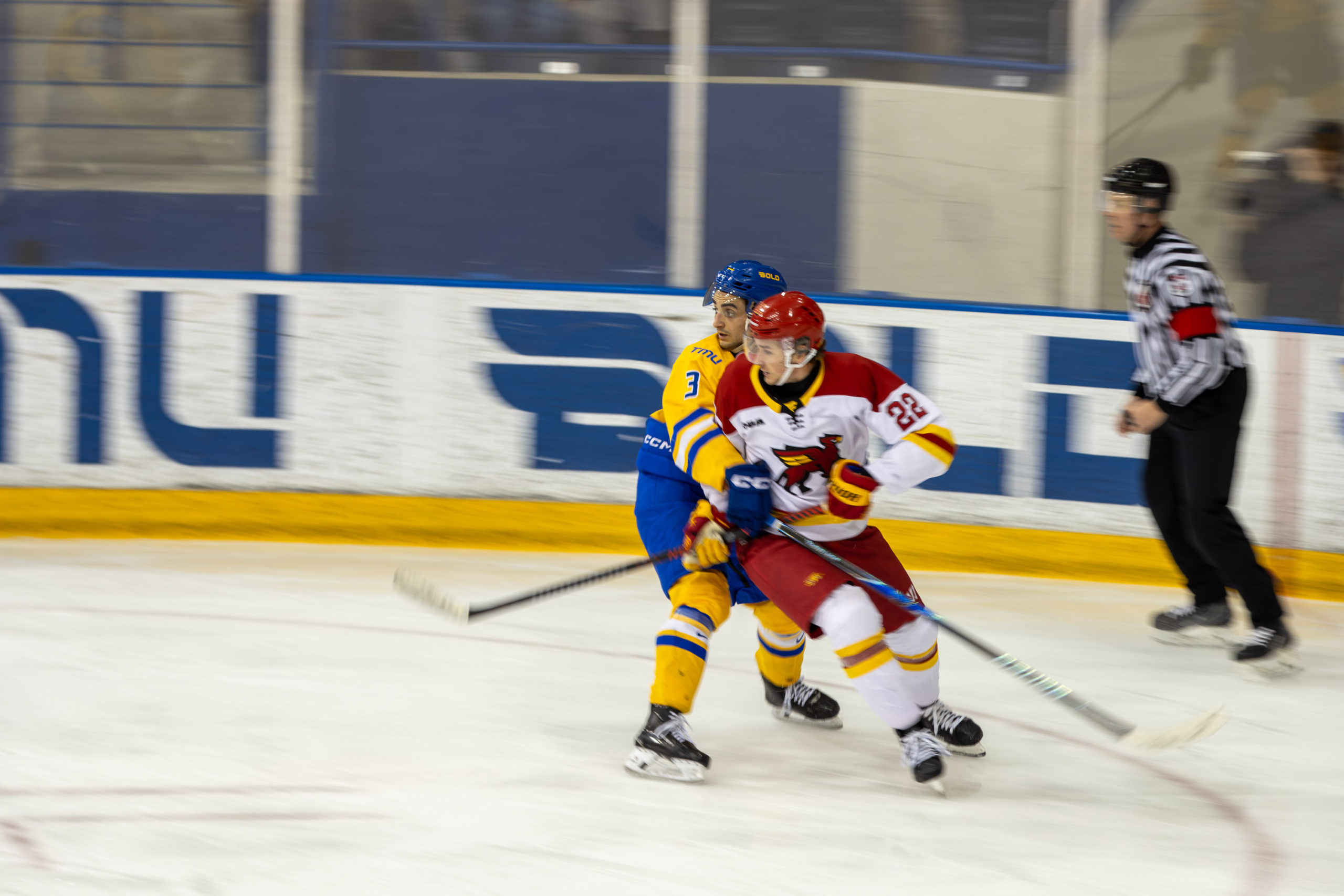 A TMU player holds onto a Guelph player