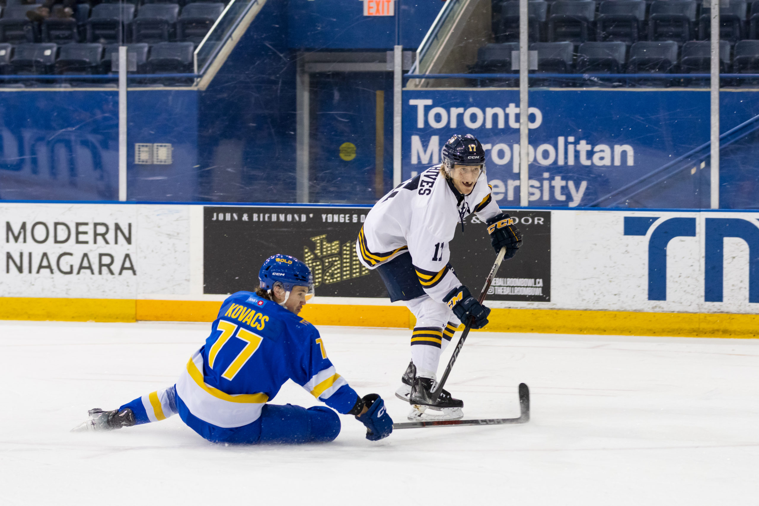 Easton Kovacs attempts to make a save