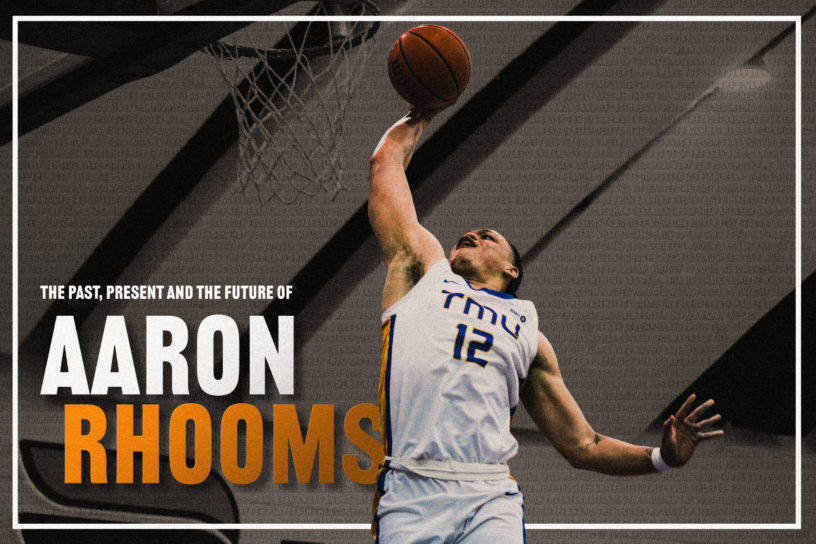 Image of Aaron Rhooms dunking a basketball into a net. There is text on the bottom left side reading, "The past, present and future of Aaron Rhooms"