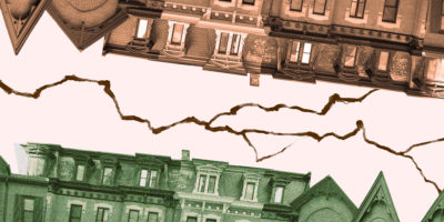 Photo of a row of townhouses on opposite sides of the frame with an illustration of a crack.