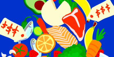 various brightly illustrated produce items with two price tags with 3 dollar signs on them, against a blue background