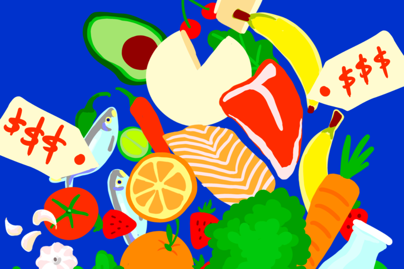 various brightly illustrated produce items with two price tags with 3 dollar signs on them, against a blue background