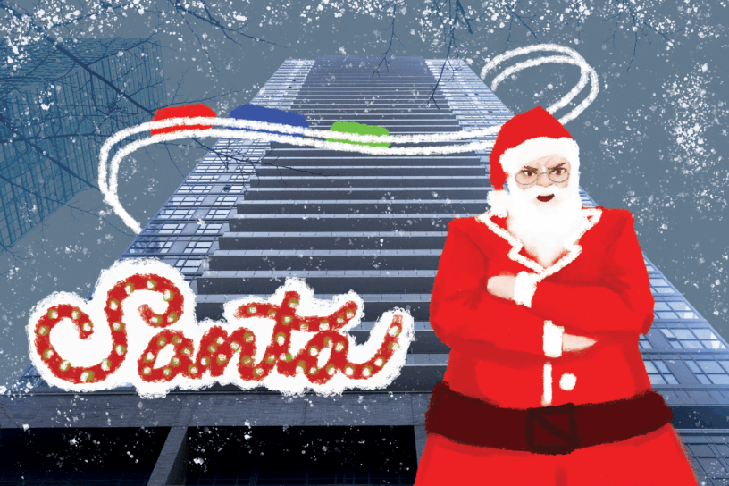 Photo of an apartment building with an illustration of Santa Claus in front of it and a train going around it.
