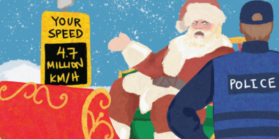 Illustration of Santa Claus in a sleigh arguing with a police officer. There is a speed camera that reads "Your speed 4.7 million km/h."