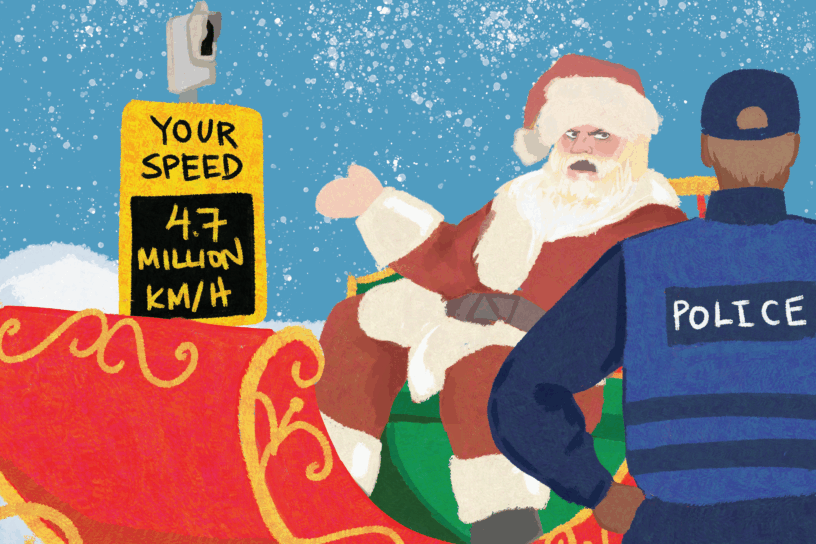 Illustration of Santa Claus in a sleigh arguing with a police officer. There is a speed camera that reads "Your speed 4.7 million km/h."