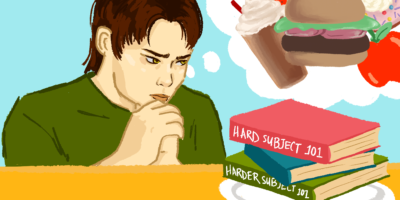 Illustration of a person sitting at a table with three textbooks on a plate in front of them. There is a though bubble in the top right corner that is filled with a burger, milkshake, strawberries, an apple and a donut.