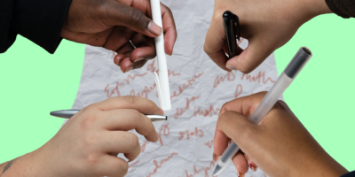 Illustration of four hands holding pens signing a paper