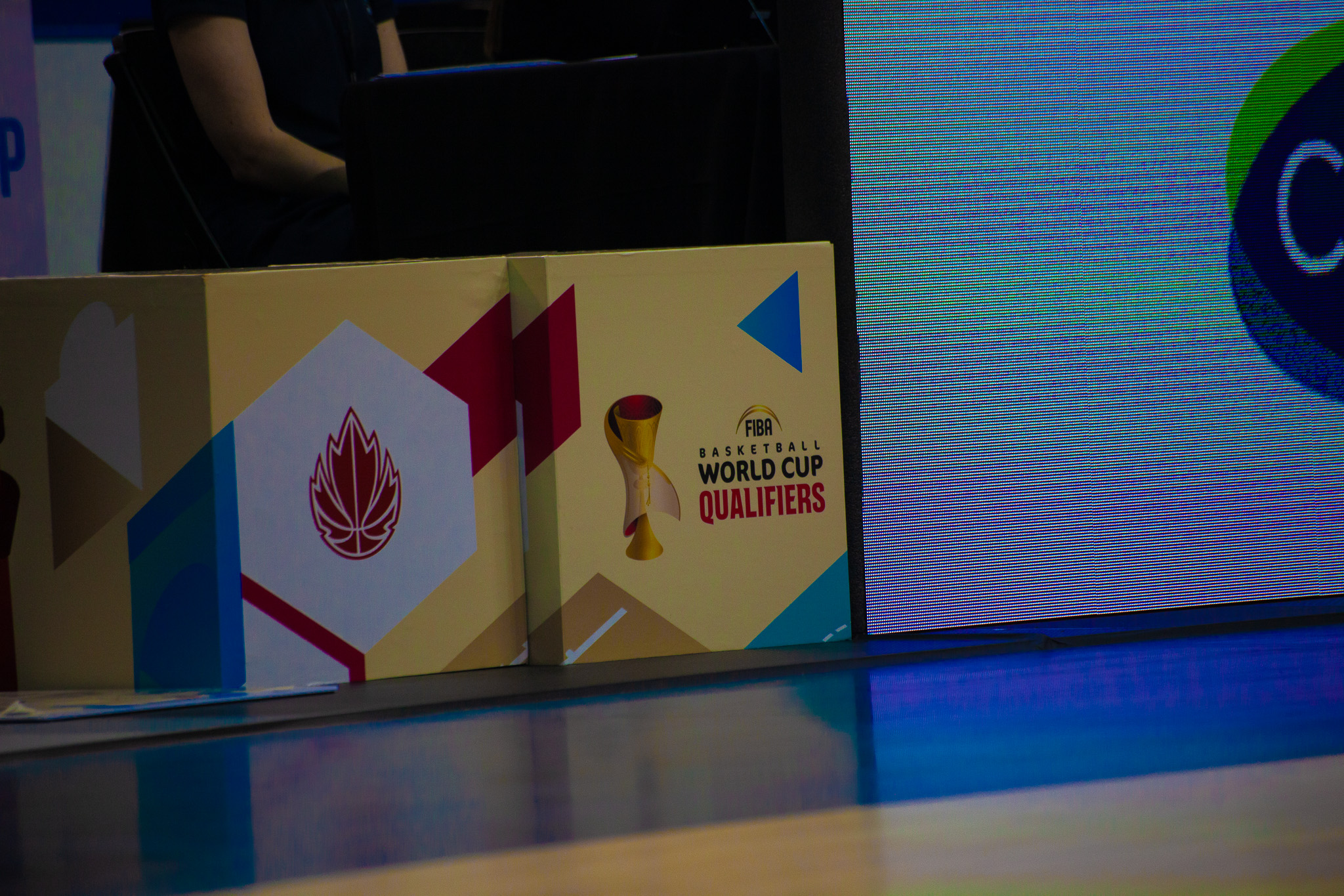 FIBA x Canada basketball boxes near the scores table at the Mattamy Athletic Centre